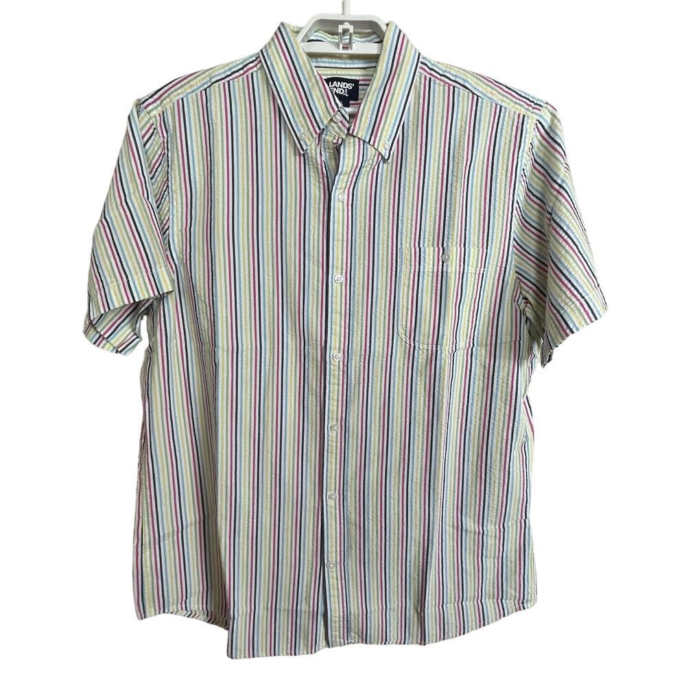 Lands' End Men's Seersucker Shirt Size L‎ Striped Short Sleeve Button-Up Camp